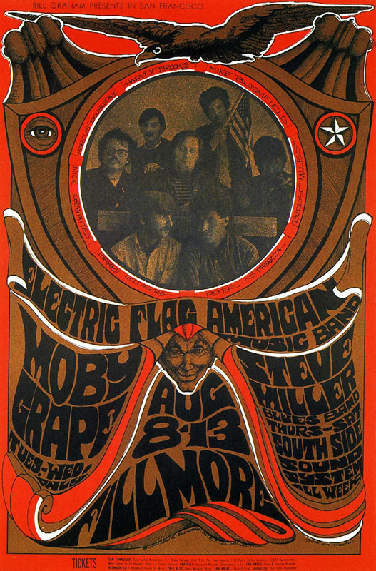 No. 77, references American Flag, Moby Grape, The Steve Miller Blues Band; brown, red