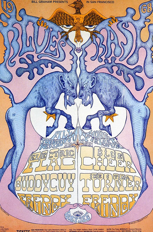 No. 128, image of two beasts dueling whchi forms a woman's body, Buddy Guy, Freddie King, Blue Cheer, Ike & Tina Turner; orange, yellow, pink