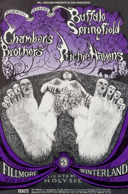 No. 122, reclining figure with singing toes, The Chambers Brothers, Richie Havens; black, purple