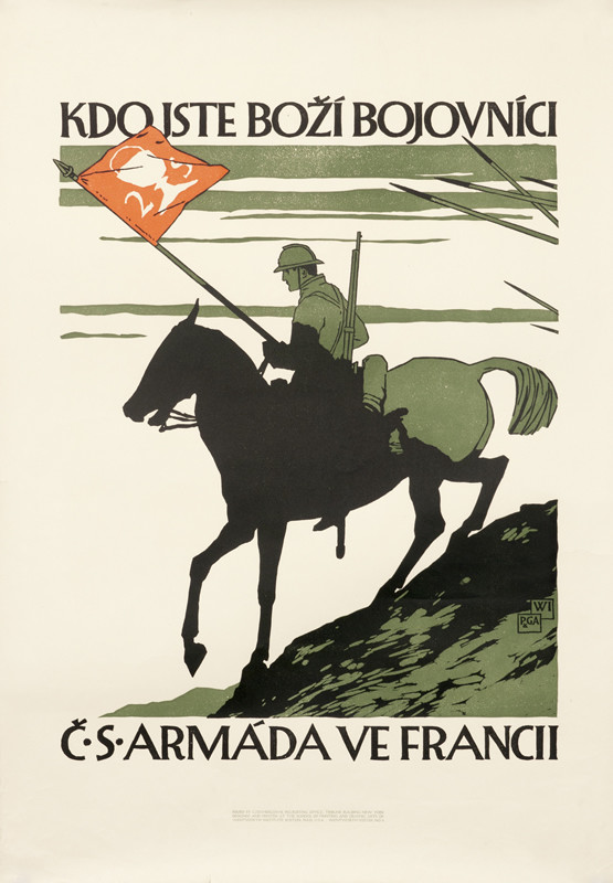 Soldier on horseback with rifle bears standard flag; green, red