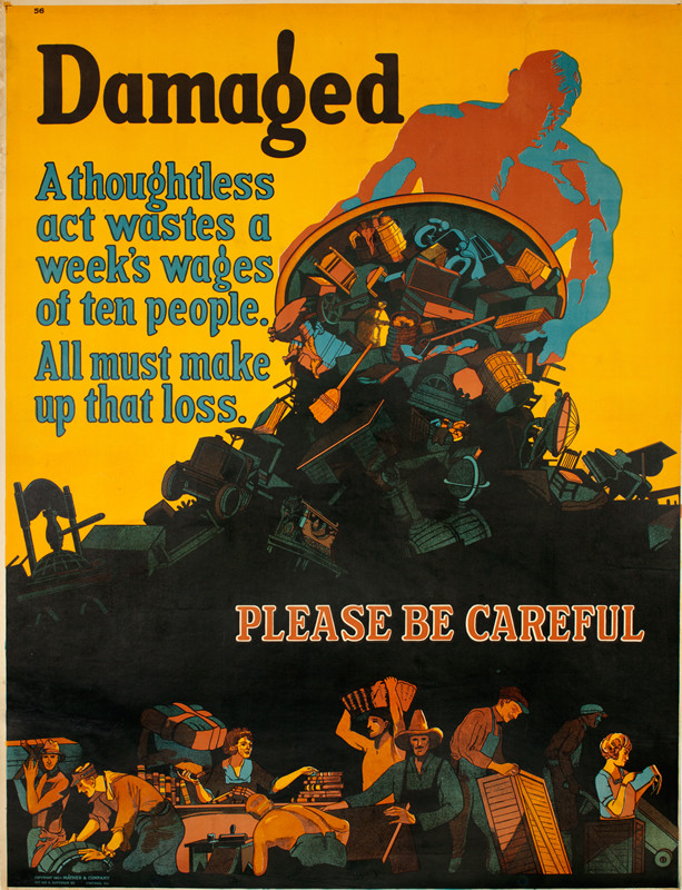 Man pours out damaged goods, with workers below; gold, black, blue