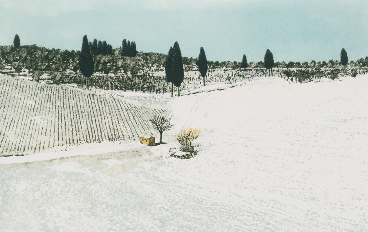 View of a Tuscan field under snow, with a small yellow building midground and cypresses in the background; white, blue, yellow, green