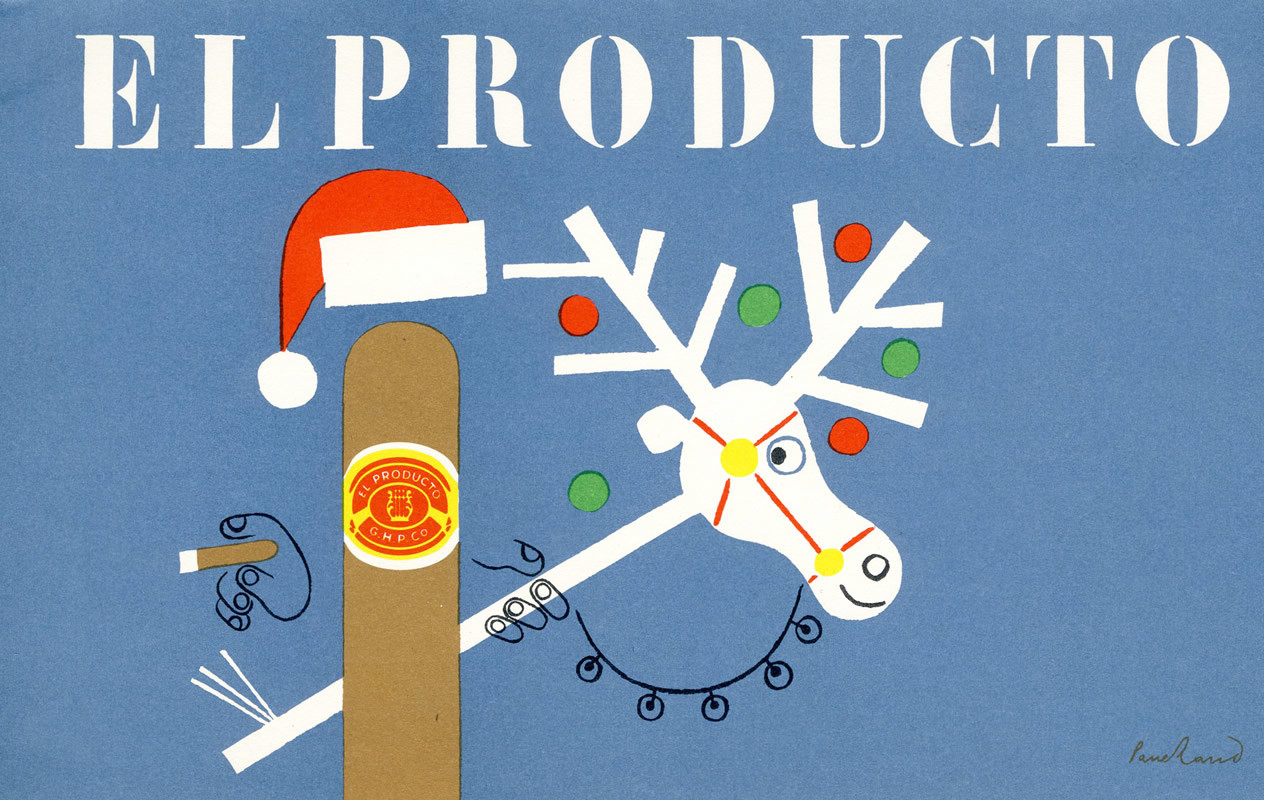 Cigar dressed as Santa smokes cigar with a stick figure reindeer; blue, red, green