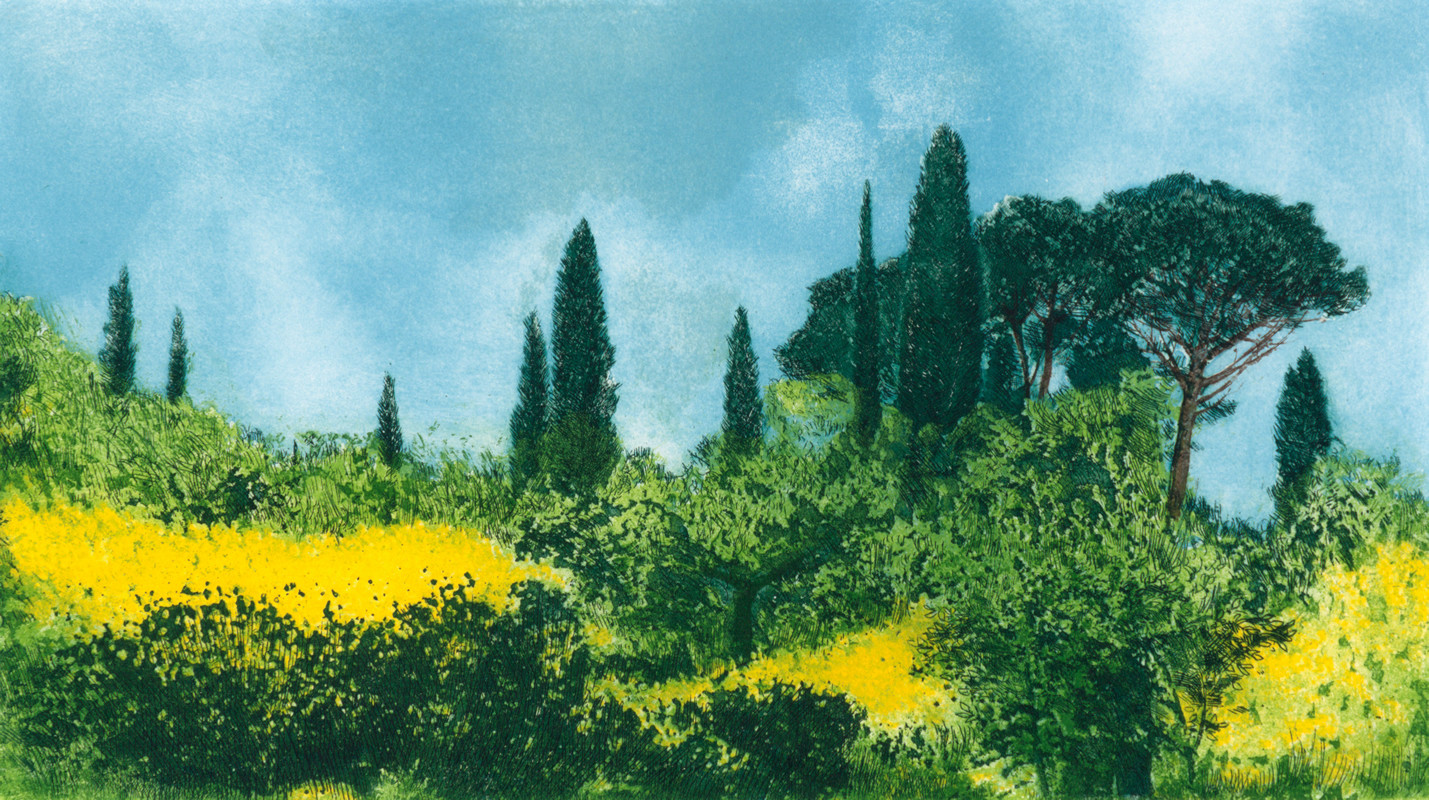 View of a Tuscan landscape with flowers and a grove of trees; green, yellow, blue