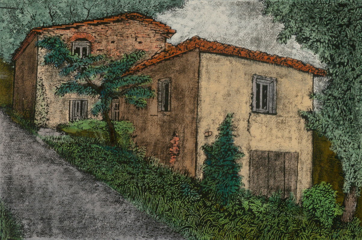 Close-up view of Tuscan-style buildings on a hill; green, red, beige, gray, black