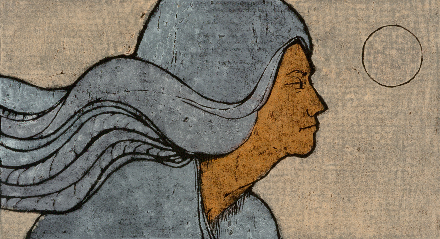 Profile view of a woman watching the moon; blue, gold, black