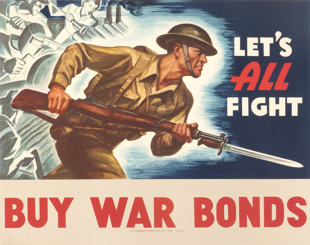 Solder with gun charges forward over text; blue, brown, red
