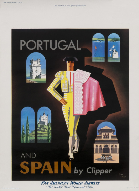 Matador surrounded by scenes of Spain and Portugal; yellow, pink, blue, green, brown, black