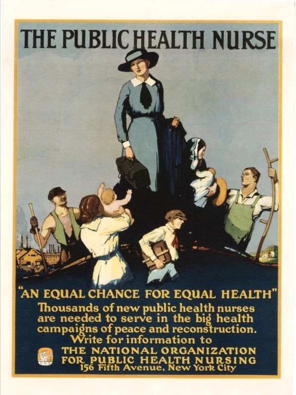 Nurse stands above group of people; blue, yellow