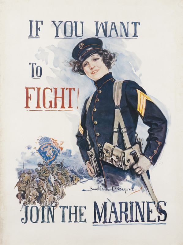 Woman soldier in Marine uniform; blue, red, yellow