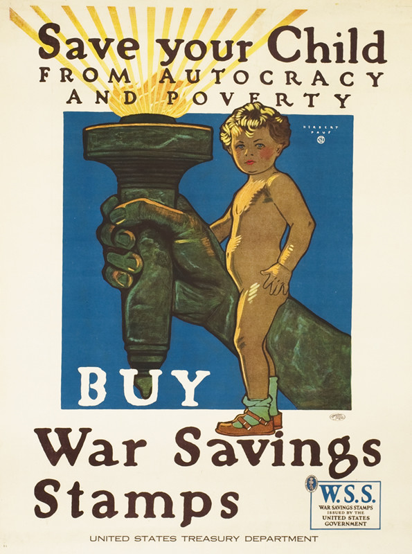 Naked boy standing next to arm and torch from Statue of Liberty; beige, blue, green, gold