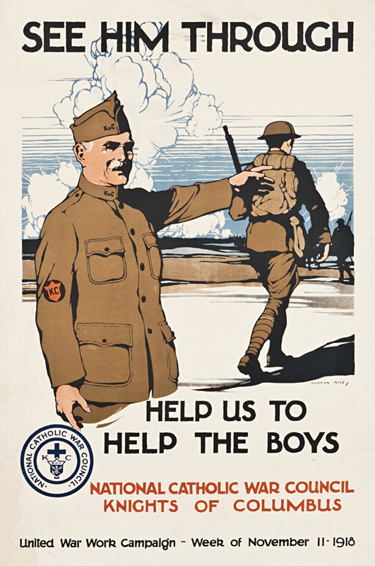 Knights of Columbus officer points to soldier going off to war; brown, blue, white