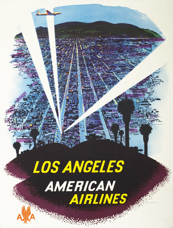 Night view of city with spotlights, airplane, hillside; blue, black, yellow, white, purple
