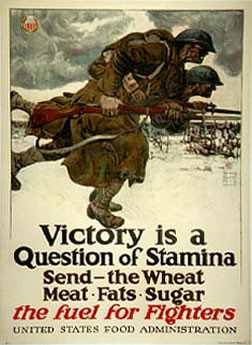 Two soldiers race across a snowy field with rifles drawn; brown, white, blue, gray