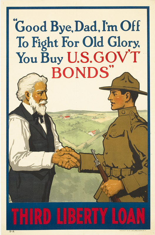 A soldier shakes his father's hand, farmland; brown, red, white, blue