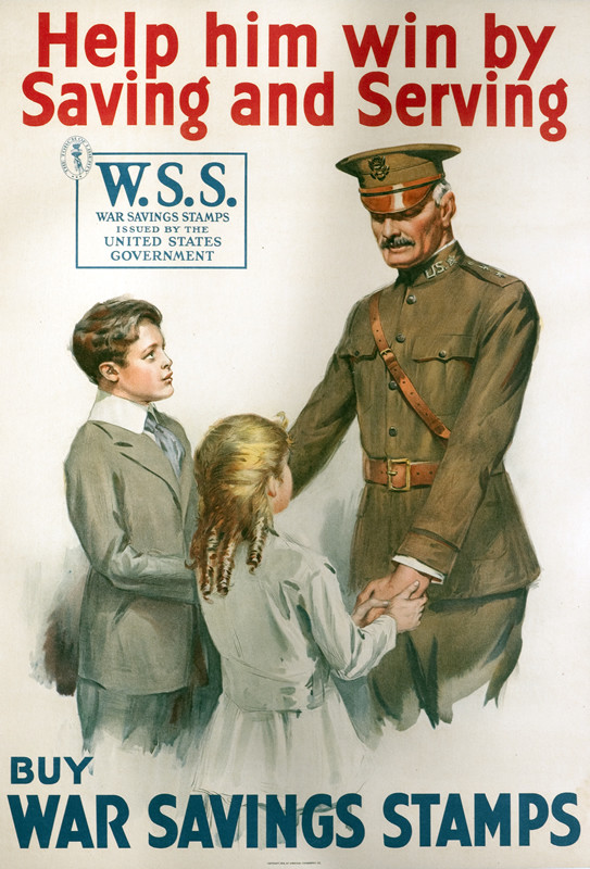 General Pershing with boy and girl; brown, red, blue