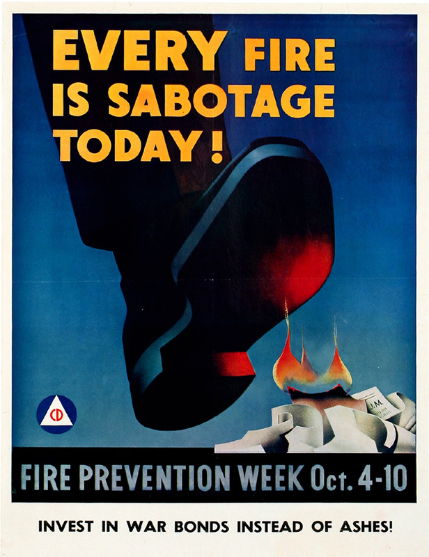 A big foot is about to put out a newspaper fire; blue, red, white