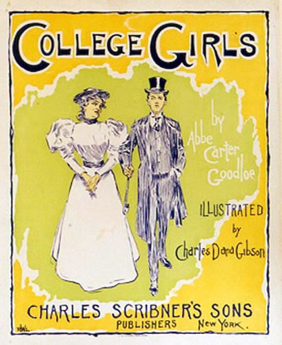 Elegant girl and man in tophat out for a stroll; green, yellow, blue
