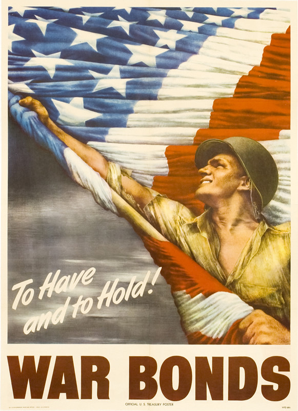 Soldier proudly holds up unfurling flag; red white, blue, grey
