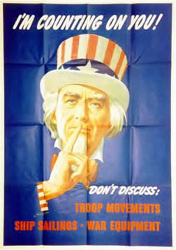 Uncle Sam holds finger to lips; blue, red