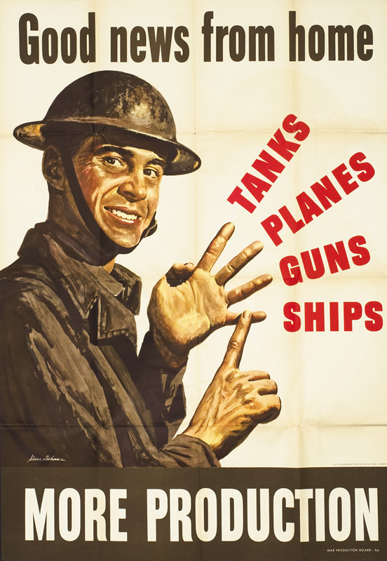 A soldier counts on his fingers, listing tanks, planes, guns and ships; brown, red