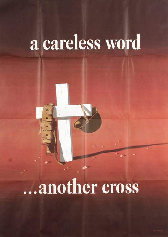 A helmet and ammo belt hang on a white cross; brown, red