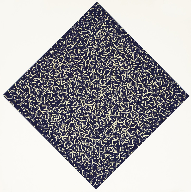 Abstract pattern of letters; blue, beige