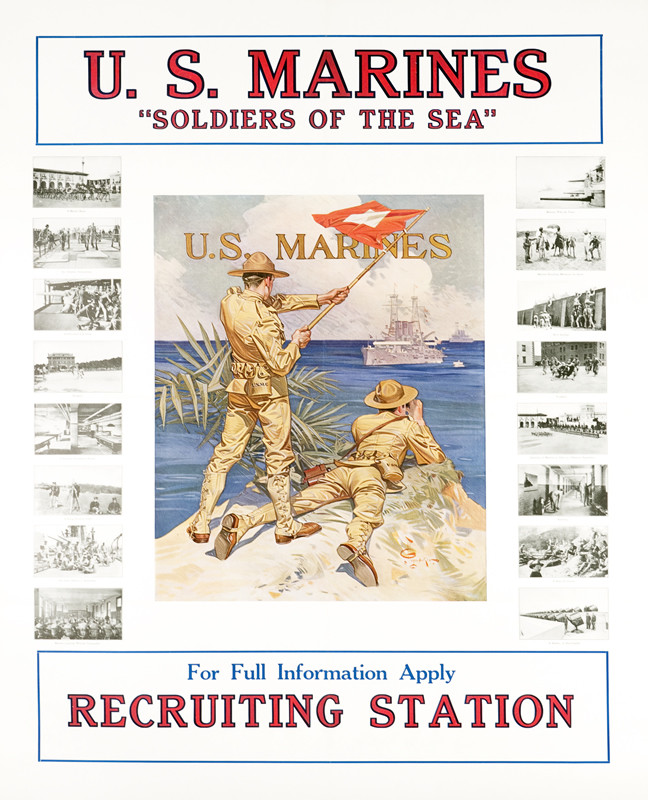 two infantry men with flag signal approaching ship in harbor; blue, beige, brown, red
