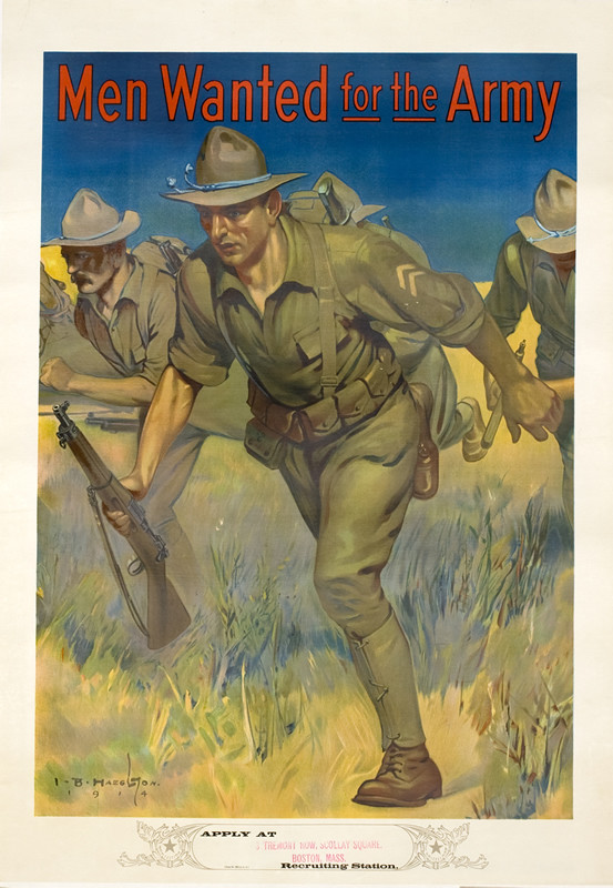 Soldiers advance through field; brown, blue, red