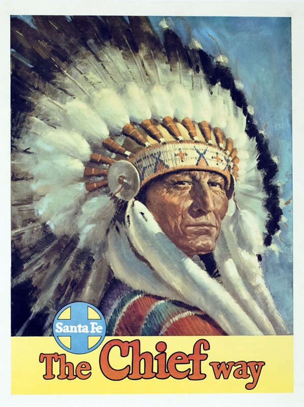 Native American Indian chief wearing feathered headdress; tellow,red, blue, white, black