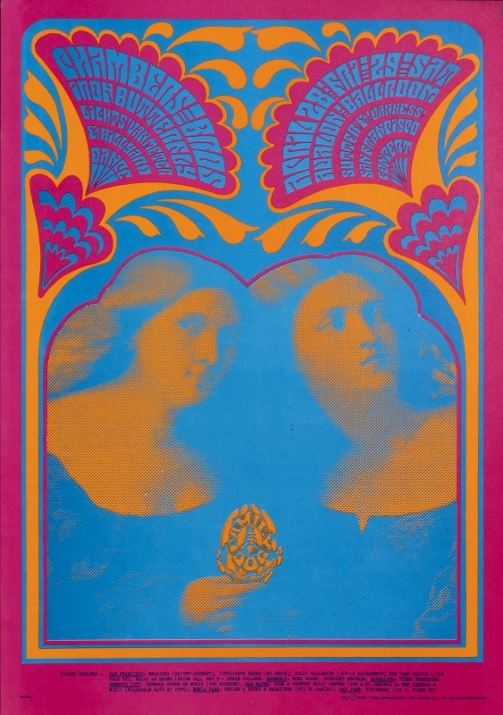 No. 59, photomontage of two classical women; The Chambers Brothers, Iron Butterfly; orange, pink, blue