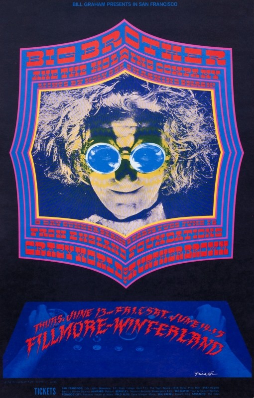 No. 124, image of crazy man with blue glasses, control panel in front, The Foundations, The Crazy World of Arthur Brown; blue, purple, red, neon