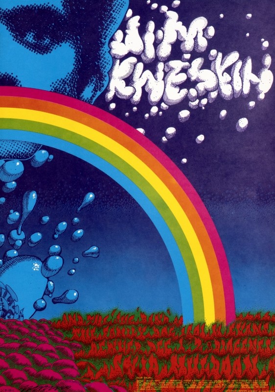 No. 13, Artist Rick Griffin, rainbow, name written as clouds, photo image of man's face; red, orange, pink, blue, green