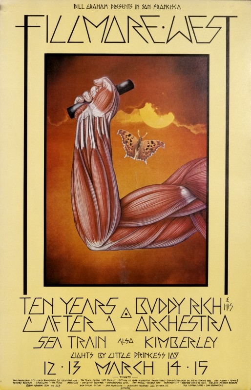 No. 223, drawn image showing muscles and tendons in flexed arm, butterfly, Buddy Rich and his Orchestra, Seatrain, Kimberley; red, yellow, orange