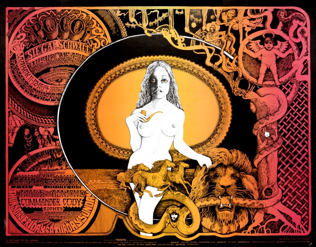 Nude woman holding pipe stands amongst lions, horses and snake, tree and small figures surround; black, yellow, orange, red