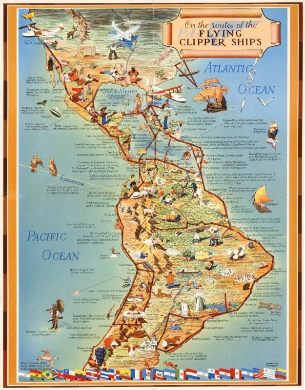 Map of Gulf of Mexico and South America with trade routes and ports; blue, green, tan