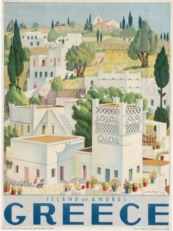 View of houses with church on hill above; blue, green, yellow