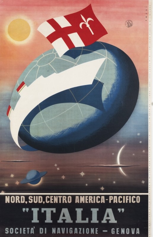 Globe encircled by stylized cruise ship; blue, orange, red