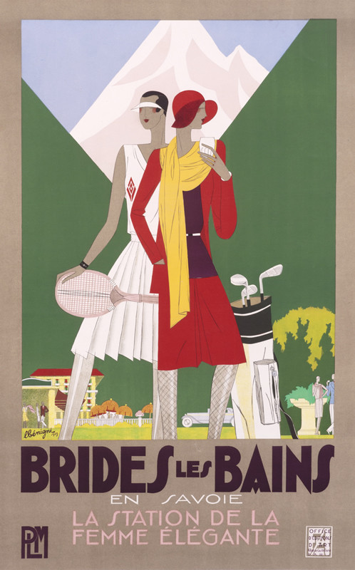 Woman with tennis racquet and golf clubs with a stylish woman; green, red, yellow