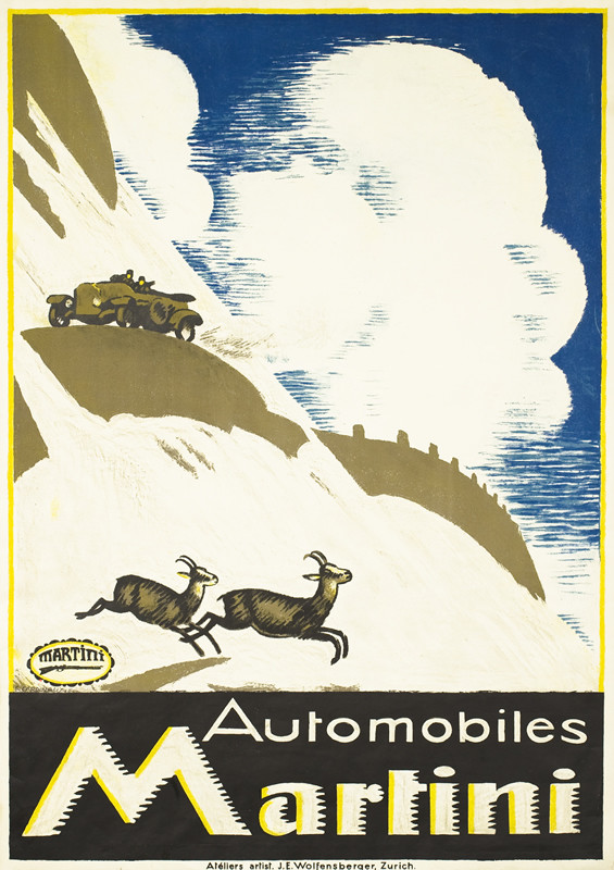 Mountain goats run while men on mountain highway try to shoot from car; blue, brown, white