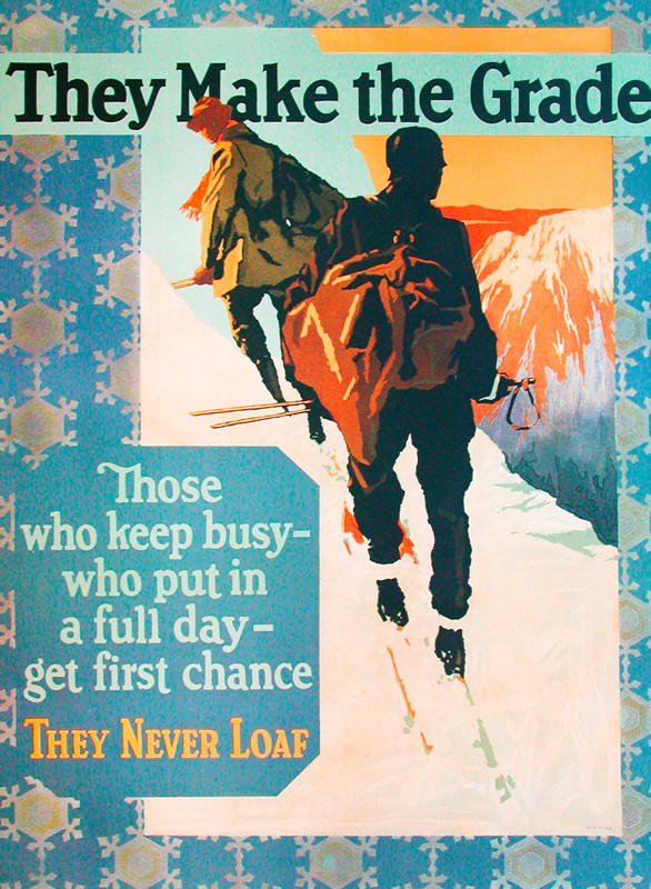 Two skiers high on a mountain at sunrise; blue, brown, orange