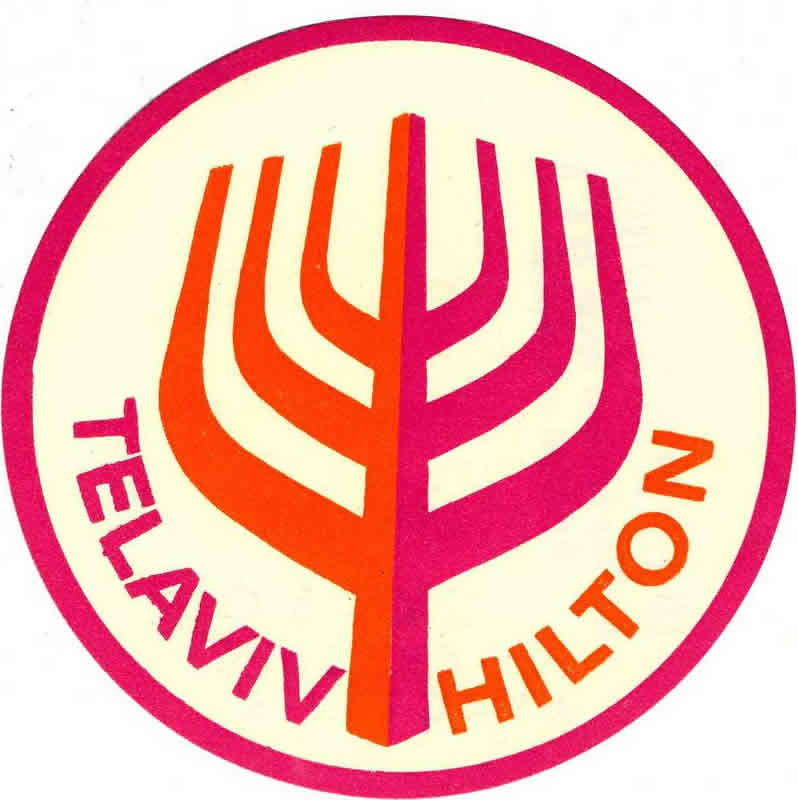 abstracted tree with hotel logo; orange, pink, white