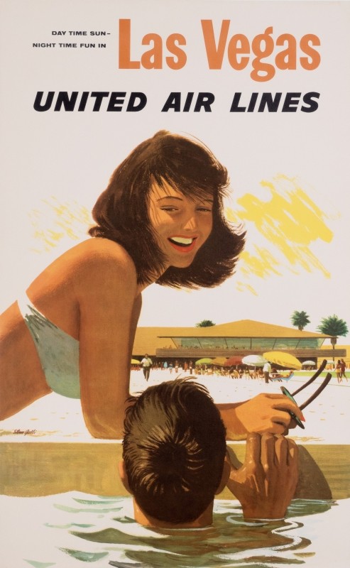 Day time Sun, Night time Fun, woman sunbathing by pool, back of man's head; blue, tan, brown
