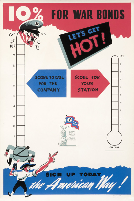Thermometers with man igniting Hitler; blue, red, white