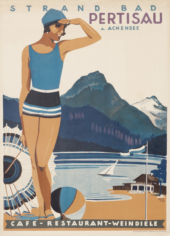 Woman in bathing suit at lake shore; brown, blue, black