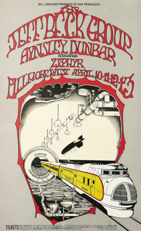 No. 168, industrial scene, blimp, train coming towards viewer, piping, Aynsley Dunbar Retaliation, Zephy; gray, red, yellow