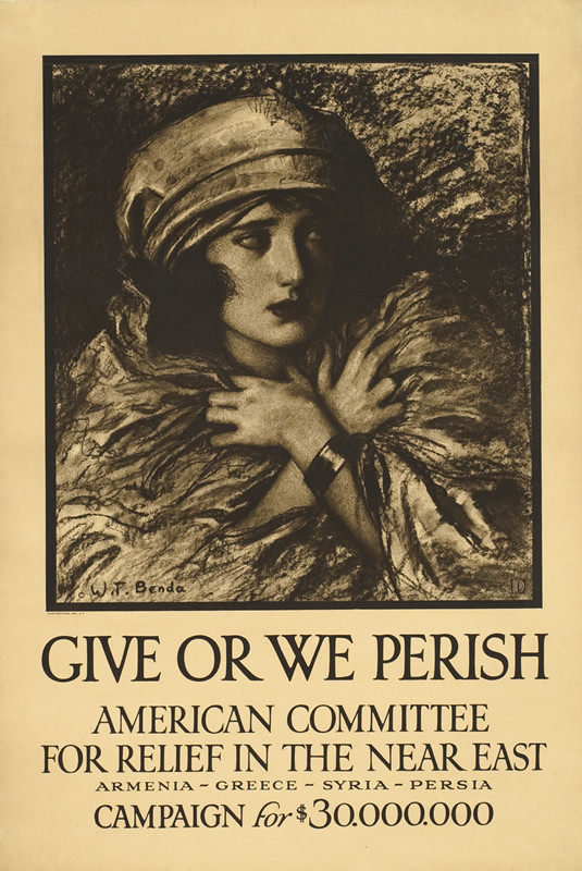 Woman wearing turban looks off into the distance; brown, white