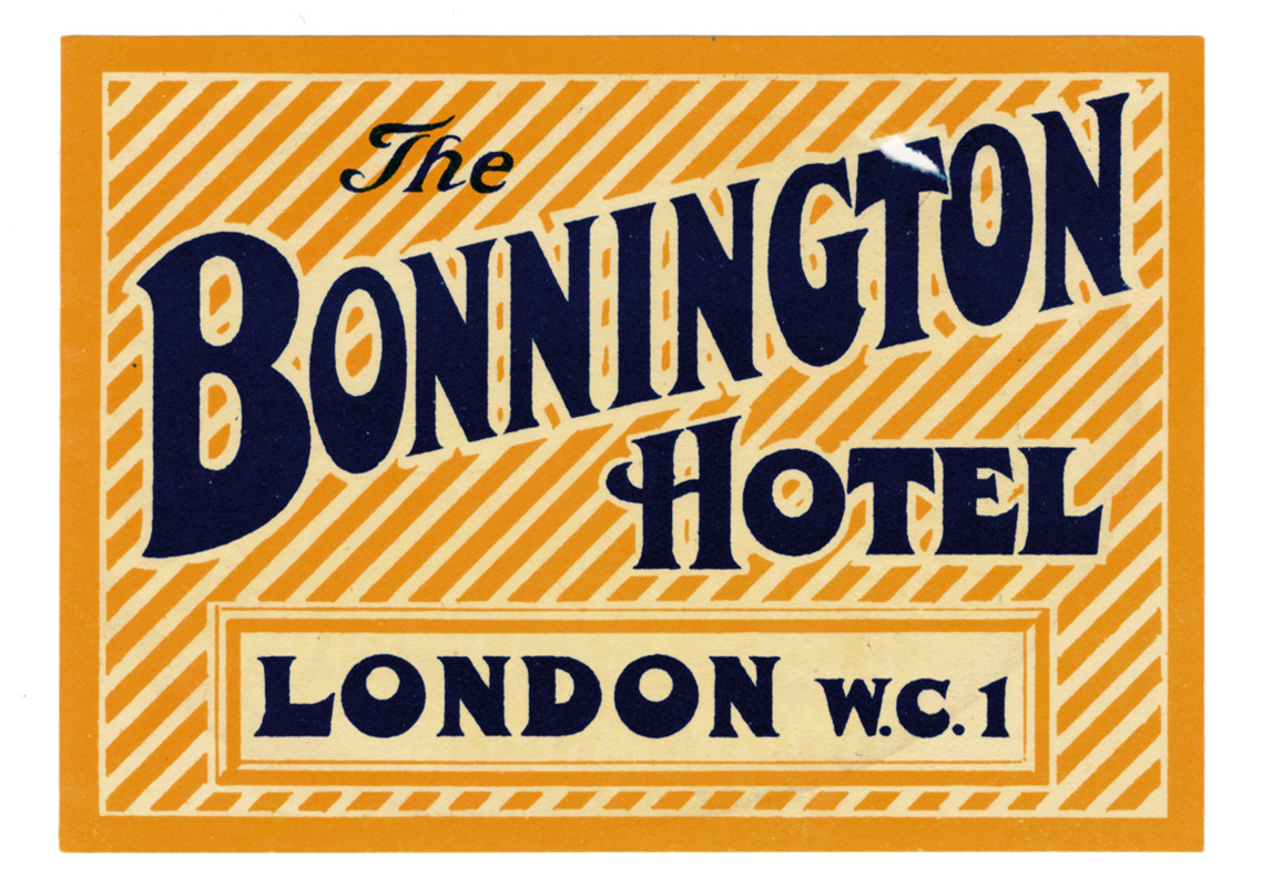 Bonnington Hotel with diagonal stripe background; blue, yellow, white