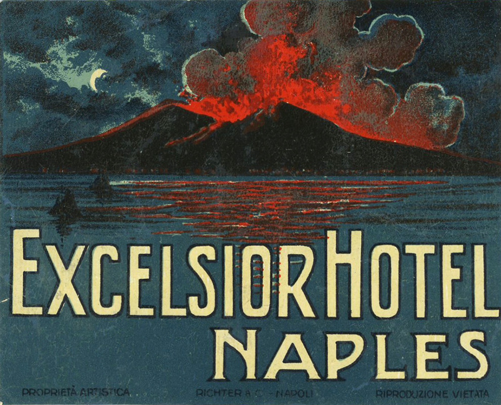 Volcano erupting at night; blue, red, white