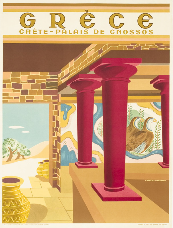 View from inside Minoan palace with wall paintings out to olive grove; red, yellow, blue